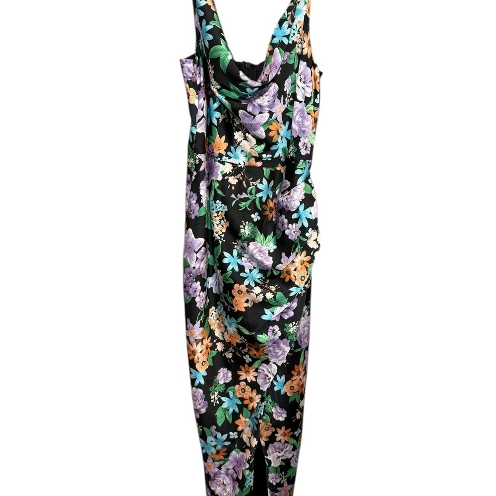 Lulus Cute Pursuit black floral satin cowl neck‎ tulip midi dress size small - Picture 9 of 9